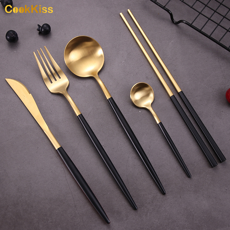 Promotion Eco Friendly Gift Box Packaging Wedding Golden Black Cutlery Set