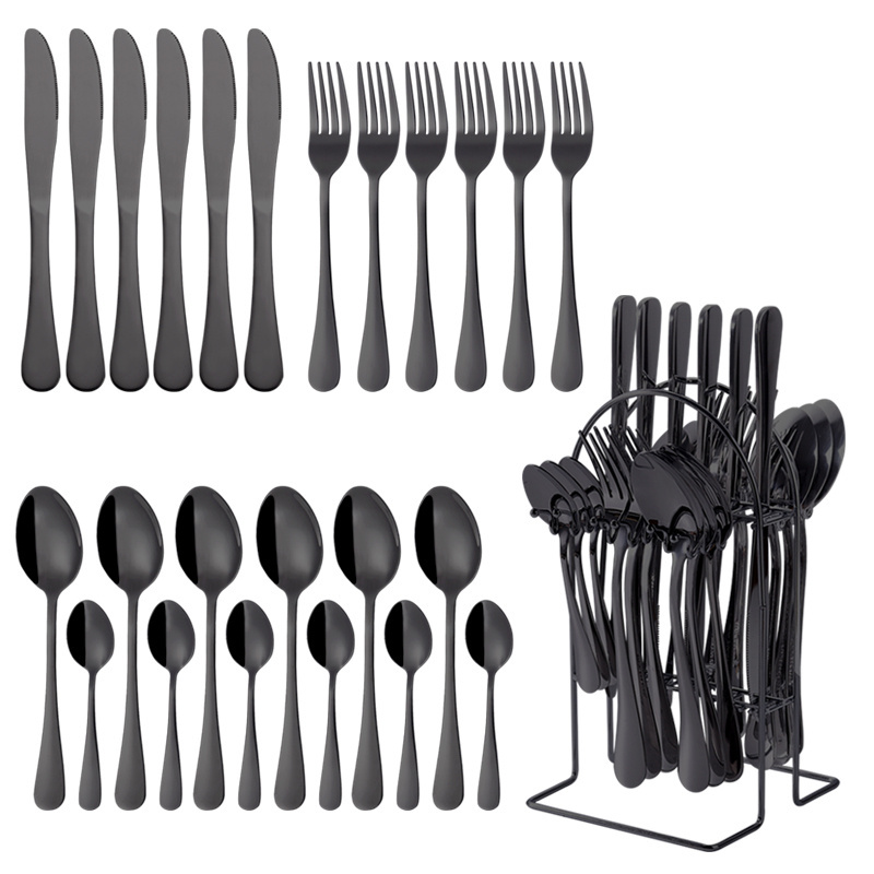 Wedding Gift 24 Pieces Knife Spoon Fork Sets Matt Black Gold Rose Gold Plated Stainless Steel Flatware Cutlery Sets With Holder