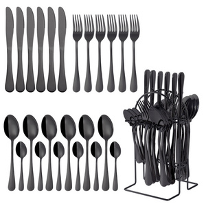 Wedding Gift 24 Pieces Knife Spoon Fork Sets Matt Black Gold Rose Gold Plated Stainless Steel Flatware Cutlery Sets With Holder