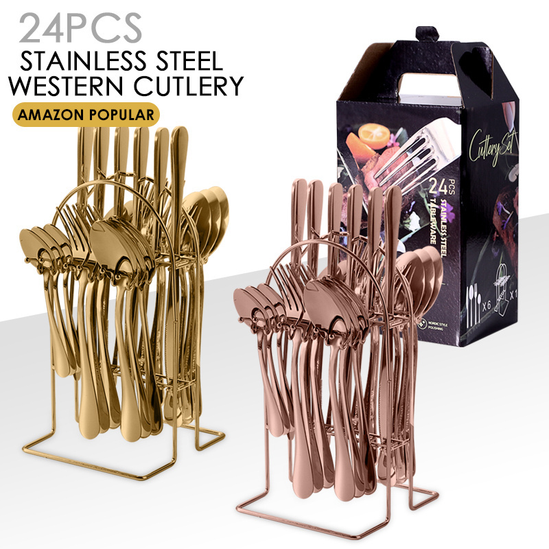 Wedding Gift 24 Pieces Knife Spoon Fork Sets Matt Black Gold Rose Gold Plated Stainless Steel Flatware Cutlery Sets With Holder