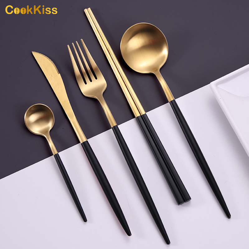 Promotion Eco Friendly Gift Box Packaging Wedding Golden Black Cutlery Set