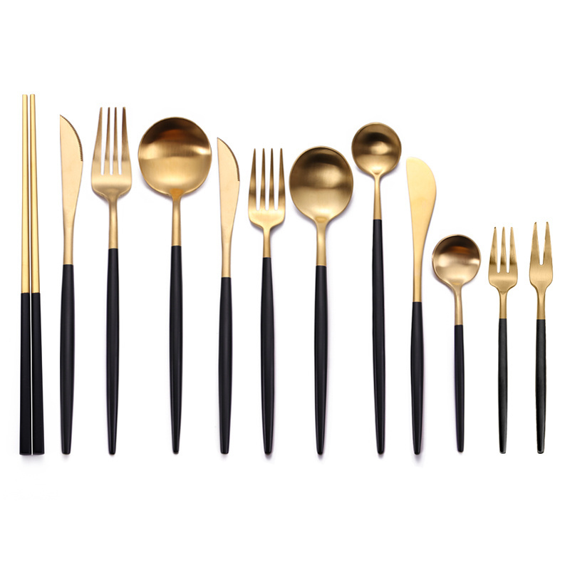 Promotion Eco Friendly Gift Box Packaging Wedding Golden Black Cutlery Set