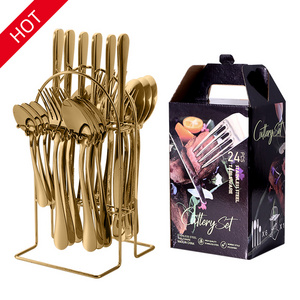 Luxury Royal Hotel Restaurant Wedding Bulk Gold Silverware Set Stainless Steel Cutlery Box Stand Black Handle Holder Flatware