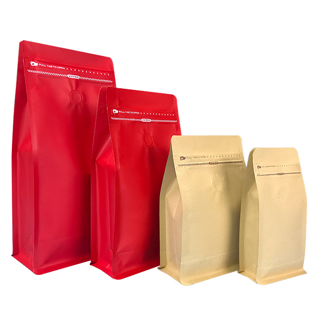 Wholesale kraft paper ziplock pouch bag in stock coffee pouch flat bottom coffee bag with valve and zipper