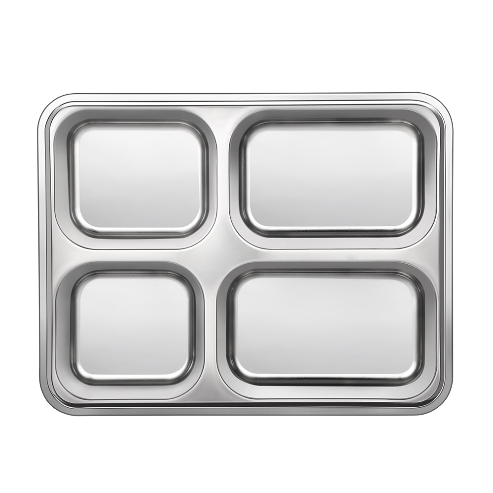 Divided tray stainless steel 4 compartments food tray plate school canteen compartments plates