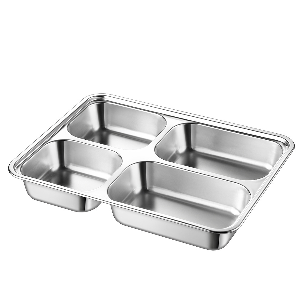 Divided tray stainless steel 4 compartments food tray plate school canteen compartments plates