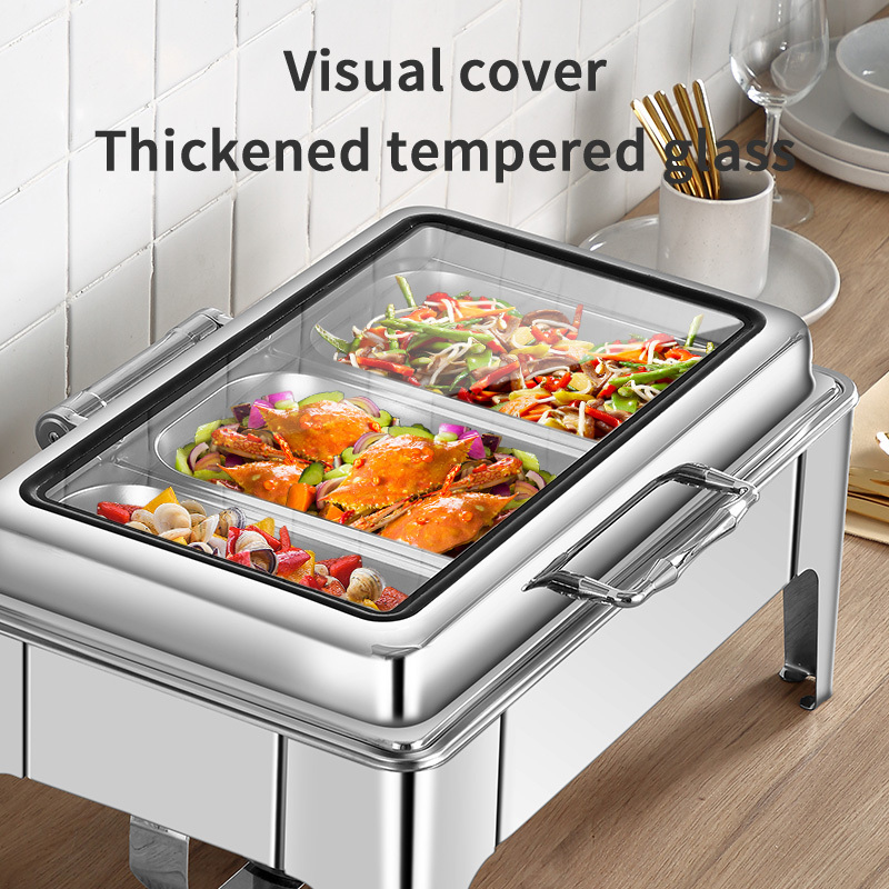 Full Glass Window Commercial Stainless Steel Hotel Restaurant Buffet Catering Equipment 9L Food Warmer Chaffing Dish