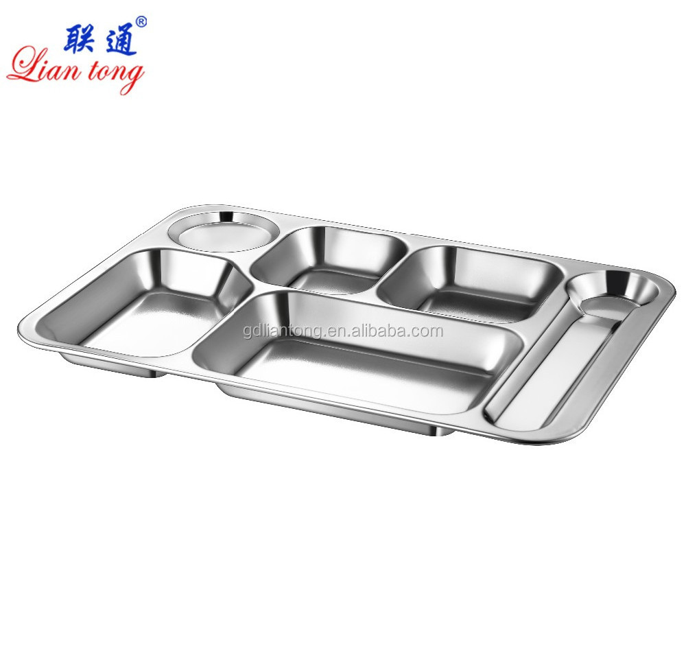 Food grade stainless steel 6 compartment school lunch tray dinner plate fast food serving tray