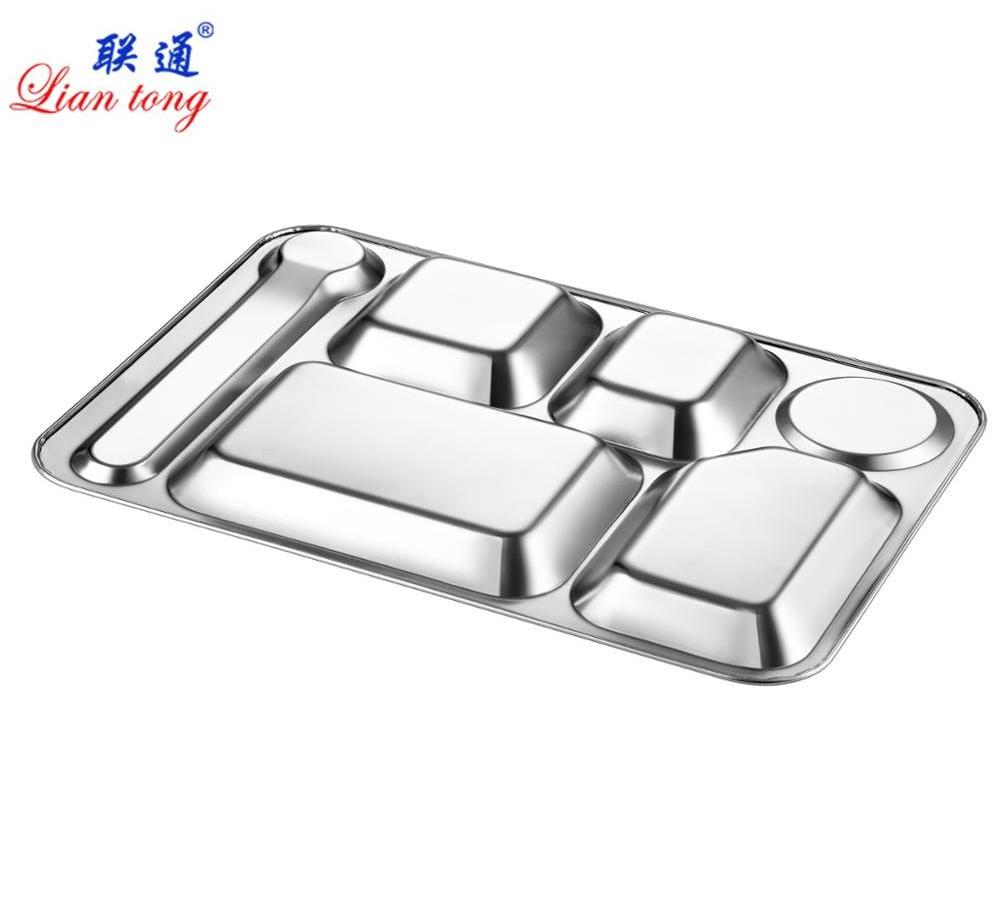 Food grade stainless steel 6 compartment school lunch tray dinner plate fast food serving tray