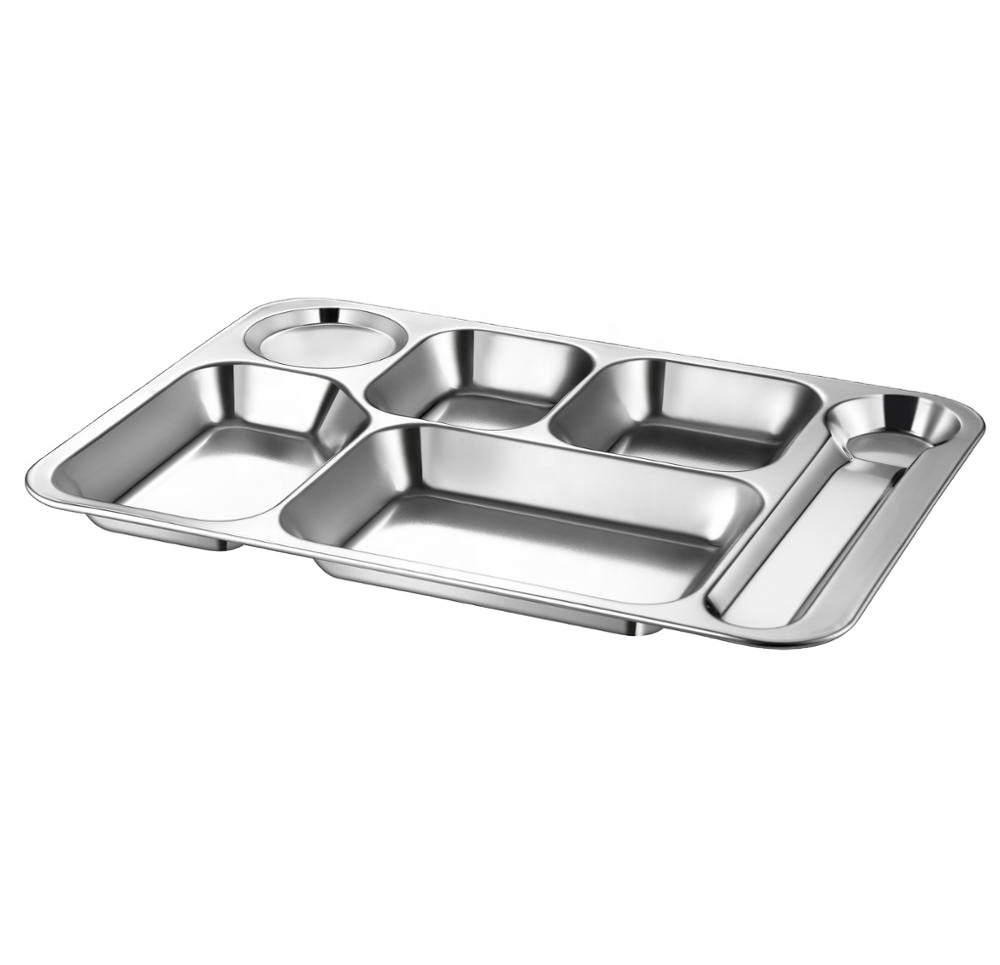 Food grade stainless steel 6 compartment school lunch tray dinner plate fast food serving tray