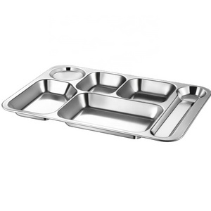 Food grade stainless steel 6 compartment school lunch tray dinner plate fast food serving tray