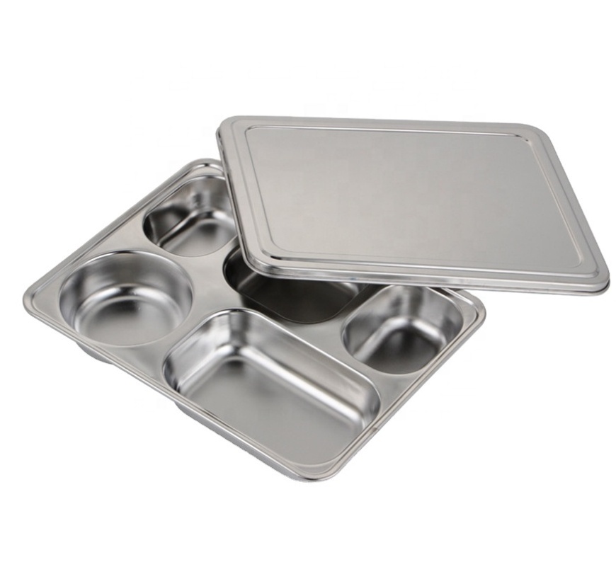 Food grade stainless steel SUS304  five compartments  school lunch box fast food tray  divided dinner plate tray with lid/cover