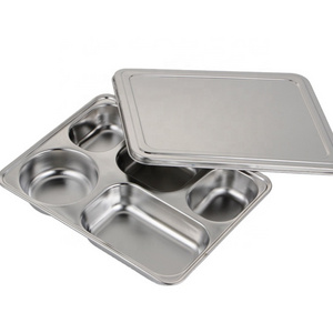 Food grade stainless steel SUS304  five compartments  school lunch box fast food tray  divided dinner plate tray with lid/cover