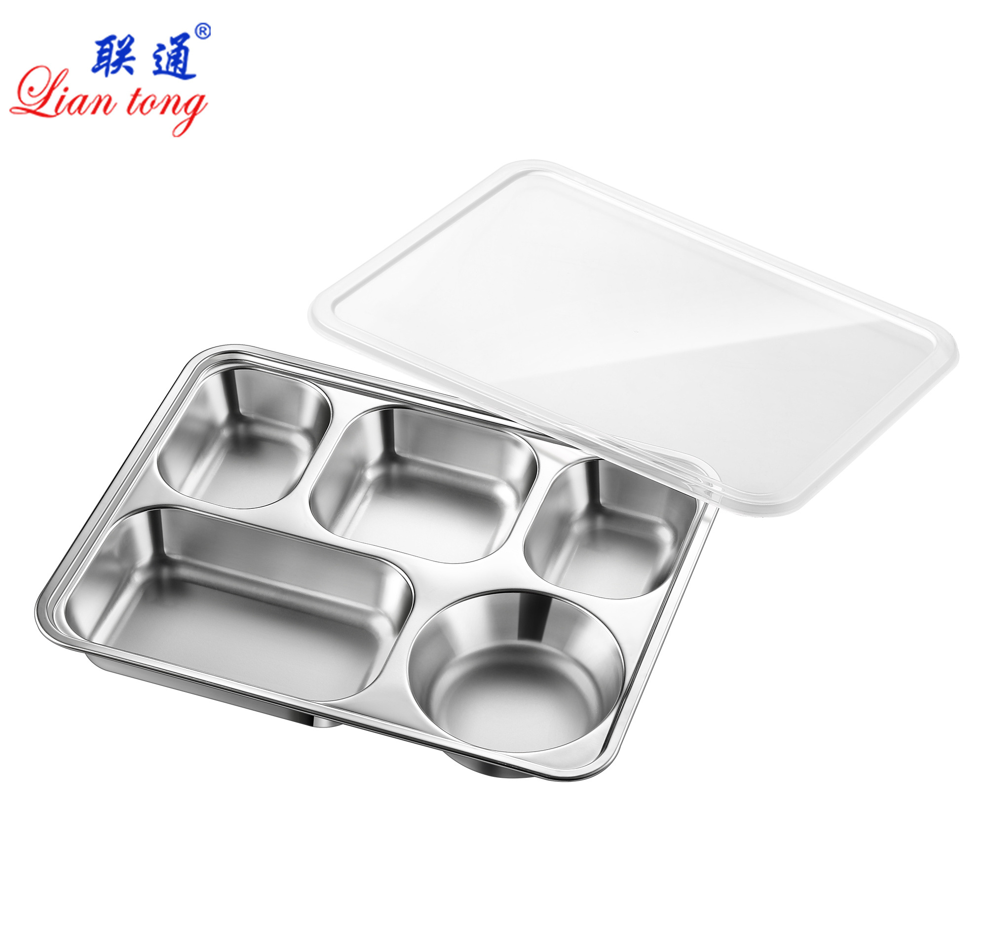 Food grade stainless steel SUS304  five compartments  school lunch box fast food tray  divided dinner plate tray with lid/cover