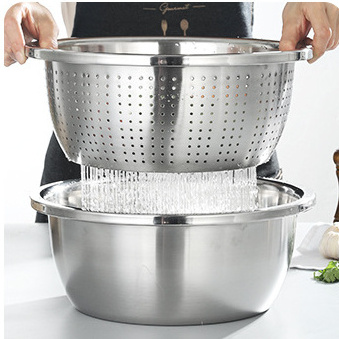 Different Capacity Kitchen Basin Food Serving Round Drainer Rice Stainless Steel Perforated Fruit Basket Washing Mixing Bowl