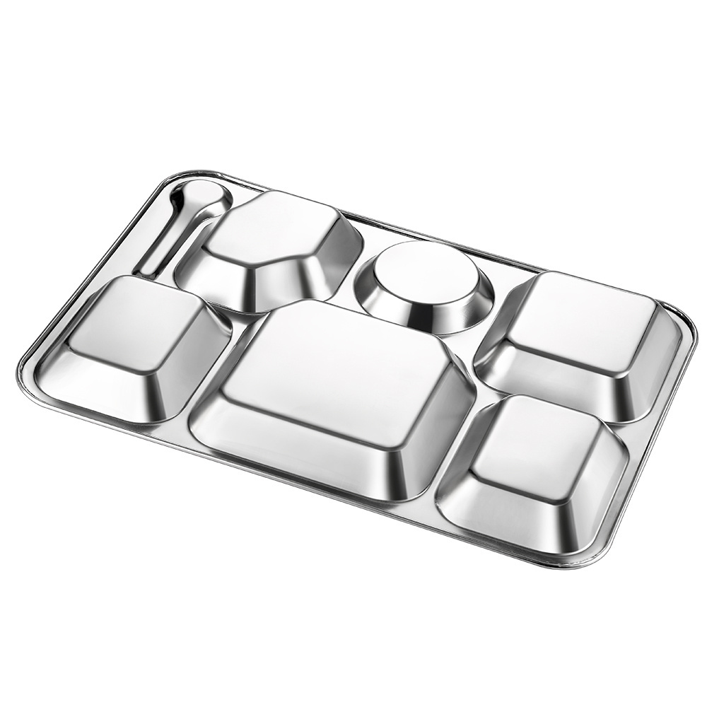 wholesale 7 food tray with compartment stainless steel divided food plate lunch serving tray for school and canteen