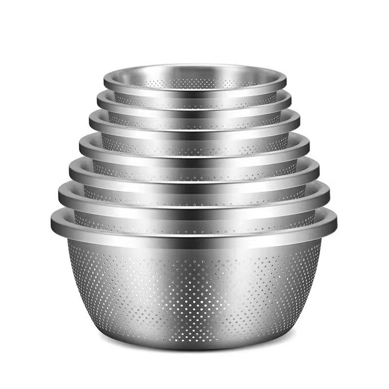 Different Capacity Kitchen Basin Food Serving Round Drainer Rice Stainless Steel Perforated Fruit Basket Washing Mixing Bowl