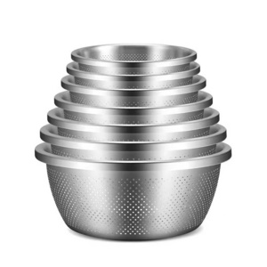 Different Capacity Kitchen Basin Food Serving Round Drainer Rice Stainless Steel Perforated Fruit Basket Washing Mixing Bowl