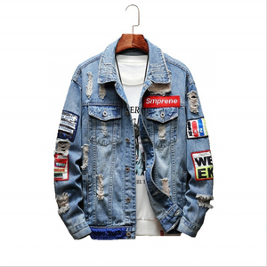 classic hip hop streetwear ripped patch embroidered denim clothing tops casual jean jacket men