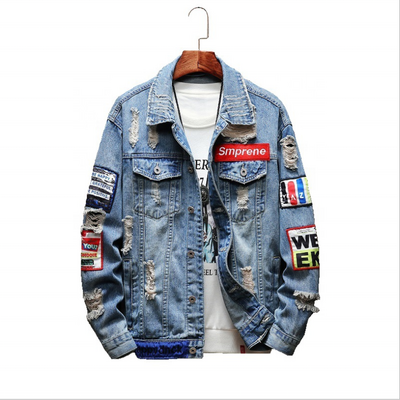 classic hip hop streetwear ripped patch embroidered denim clothing tops casual jean jacket men