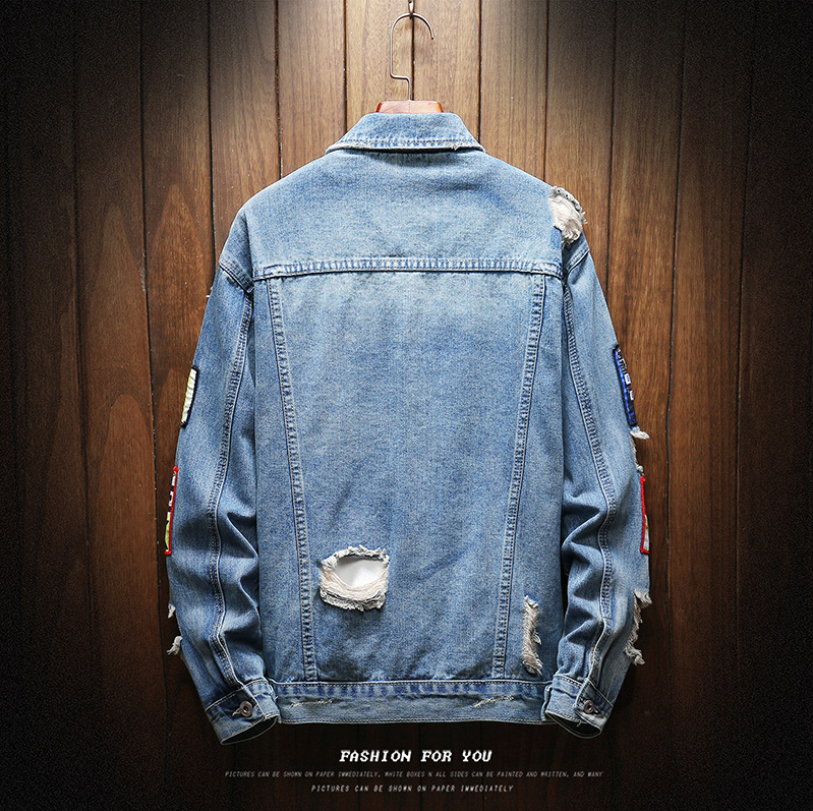 classic hip hop streetwear ripped patch embroidered denim clothing tops casual jean jacket men