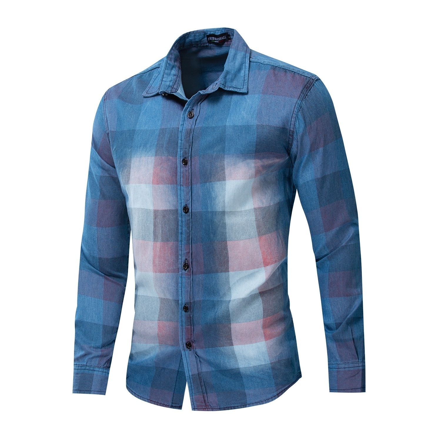 plus size long sleeve printed colorful checks plaid slim fit fashion jeans shirt mens