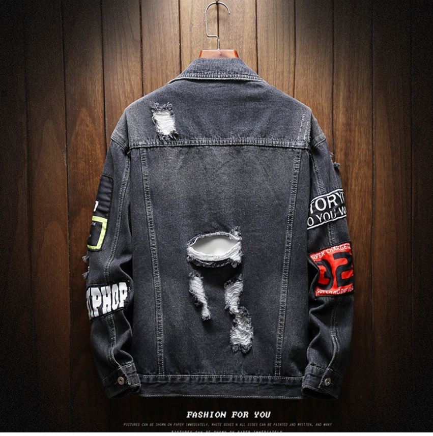 classic hip hop streetwear ripped patch embroidered denim clothing tops casual jean jacket men