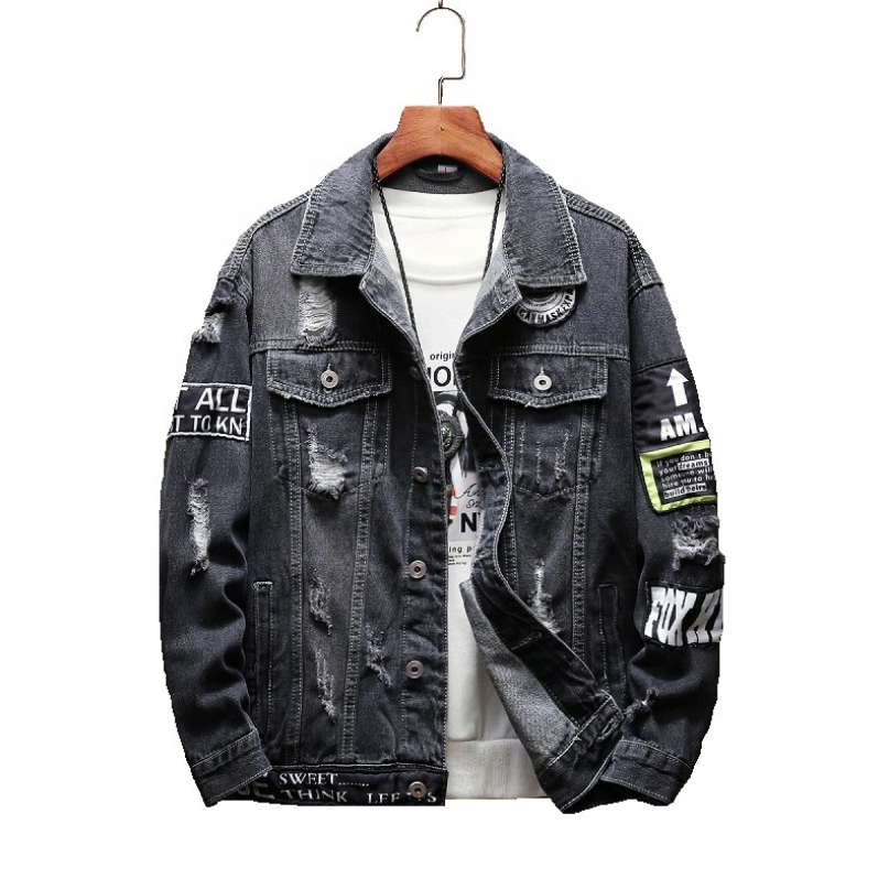 classic hip hop streetwear ripped patch embroidered denim clothing tops casual jean jacket men