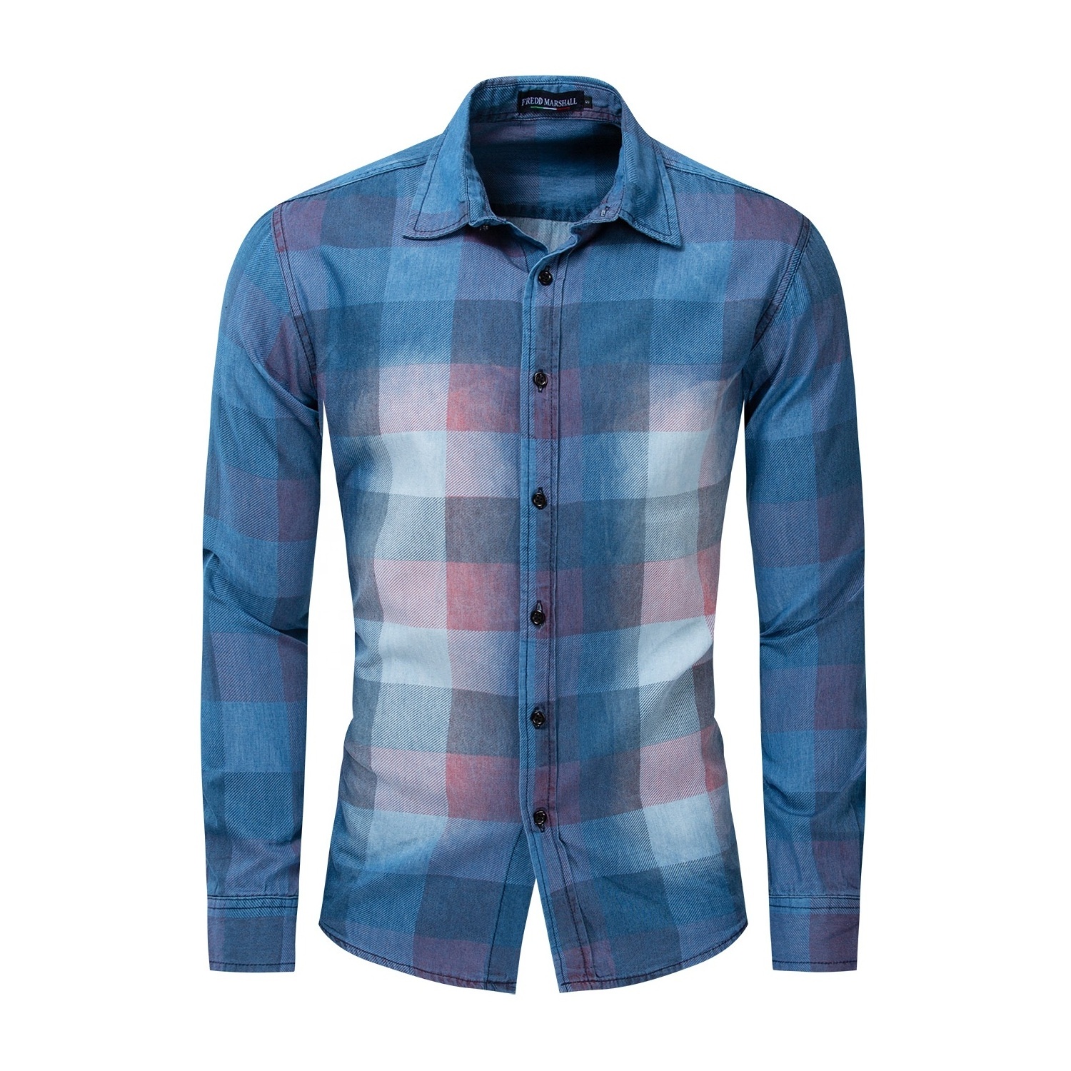 plus size long sleeve printed colorful checks plaid slim fit fashion jeans shirt mens