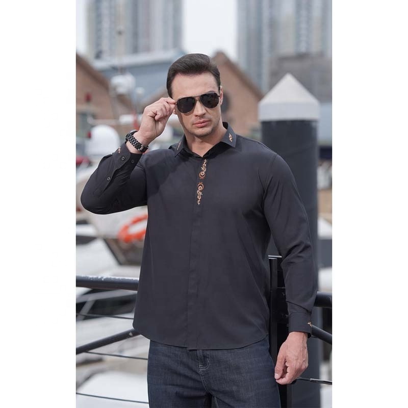 Plus size middle east style loose casual embroidered formal long sleeve mens shirt