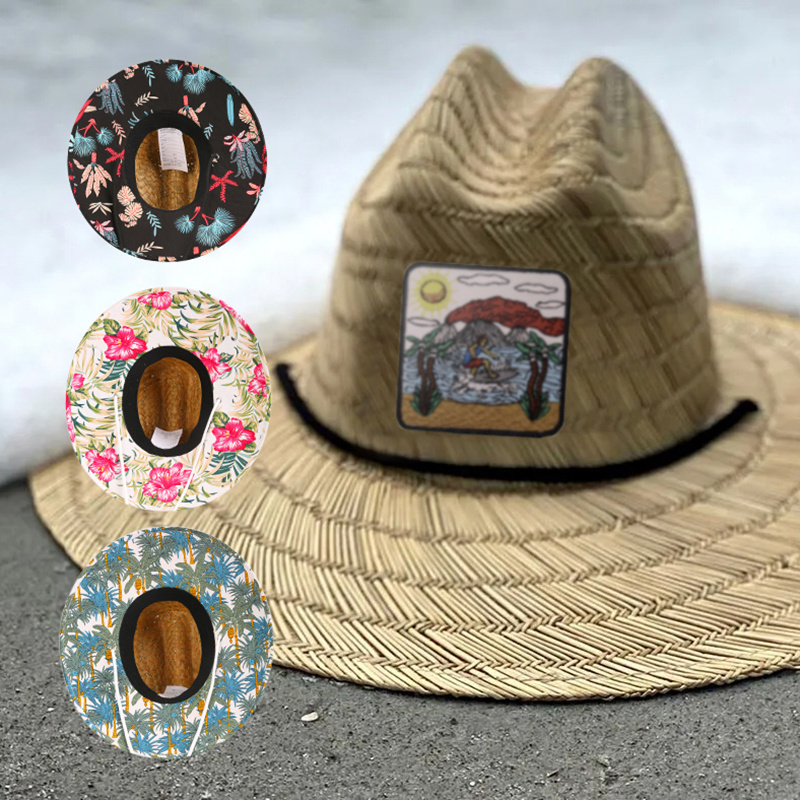 Wholesale Custom Print Under Brim Summer Surfing Lifeguard Straw Sombrero Beach Hat Surf Lifeguard Straw Hat With Logo