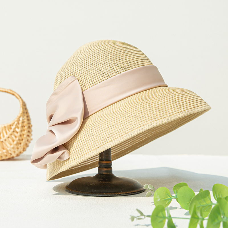 LINGLONG Lady French Hepburn Style Ribbon Jewelry Decoration Paper Sun Protection Straw Bucket Cloche Hat For Women Straw Hats