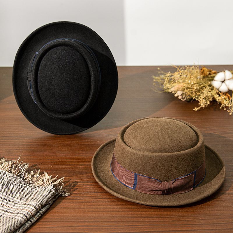 Custom Black Mens Felt Australian Bowler Wool Vintage Porkpie Breaking Boater Flat Top Lady Retro Fedora Pork Pie Hat With Bow