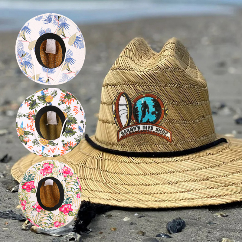 Wholesale Custom Print Under Brim Summer Surfing Lifeguard Straw Sombrero Beach Hat Surf Lifeguard Straw Hat With Logo