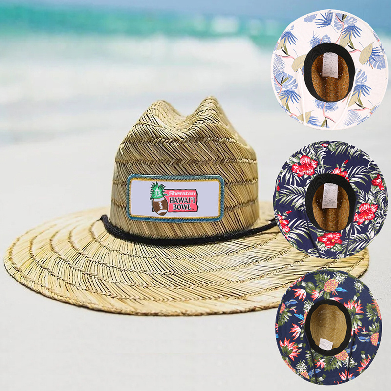 Wholesale Custom Print Under Brim Summer Surfing Lifeguard Straw Sombrero Beach Hat Surf Lifeguard Straw Hat With Logo