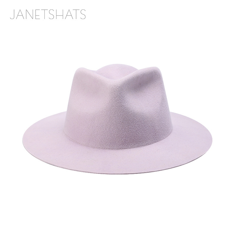 2024 women wholesale luxury plain design blank pre-blocked ladies hat with belt lattice wide brim 100% wool felt fedora hats