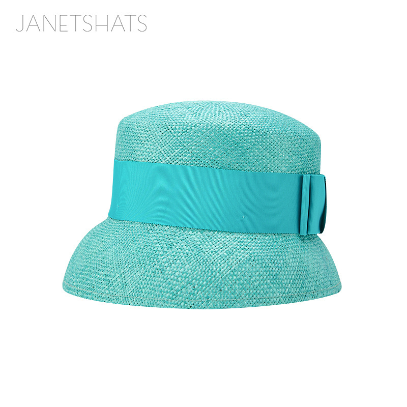 Custom Light Blue Terry Wave Bucket Cloche Straw Hat For Ladies Beach Outfit