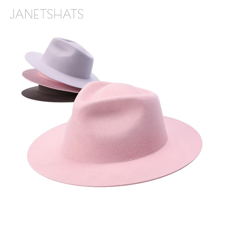 2024 women wholesale luxury plain design blank pre-blocked ladies hat with belt lattice wide brim 100% wool felt fedora hats