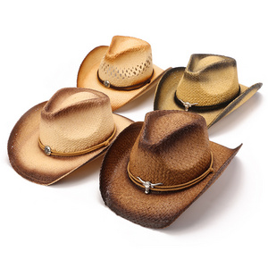 Wholesale New Summer Outdoor Women Unisex Cheap Cowgirl Paper Hat Band Hollowed Out Paper Straw Cowboy Hats For Sale