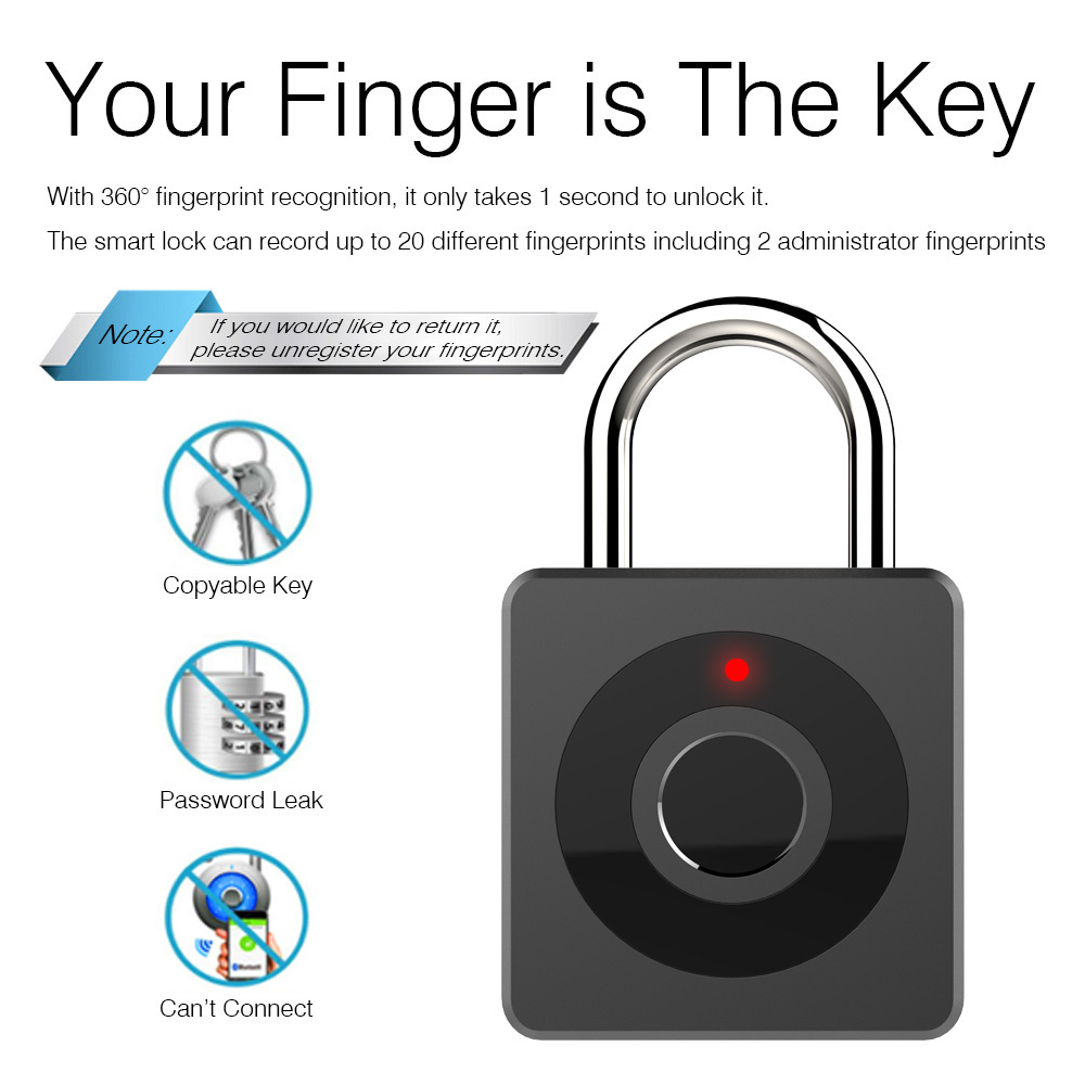 Waterproof smart USB fingerprint padlock luggage fingerprint lock anti theft safety protection pad lock