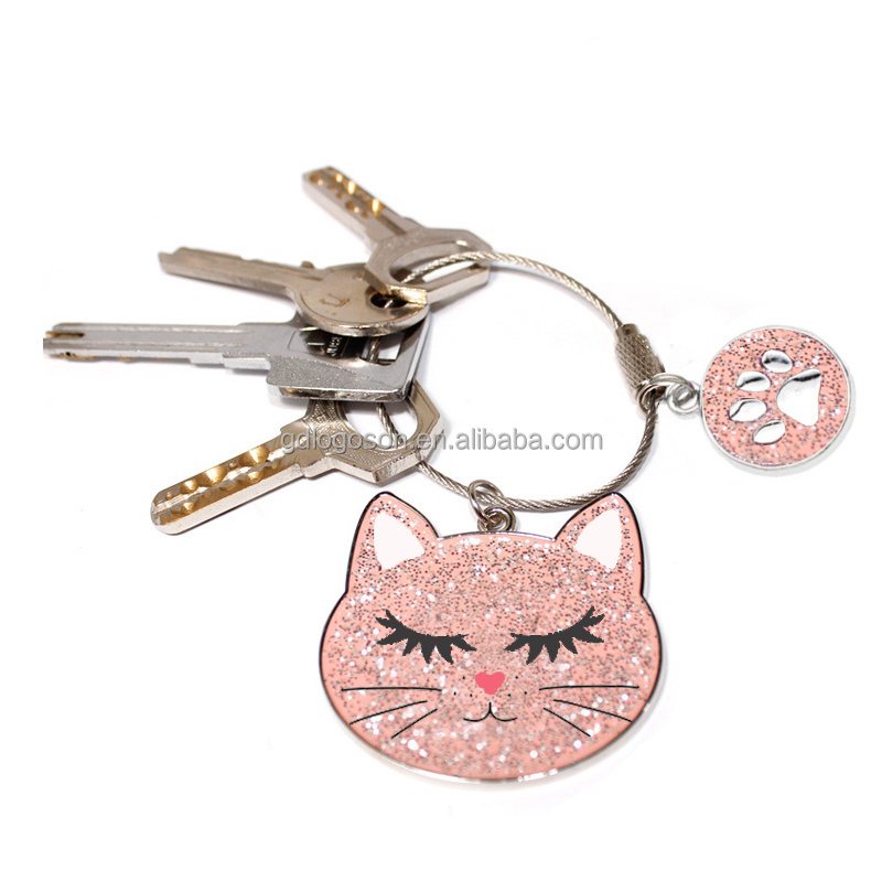 Cat Design Cable Wire Keychain Metal Enamel Glitter Cat Keychain Ring with Cat Paw Charms with Stainless Steel Wire Cable Lock