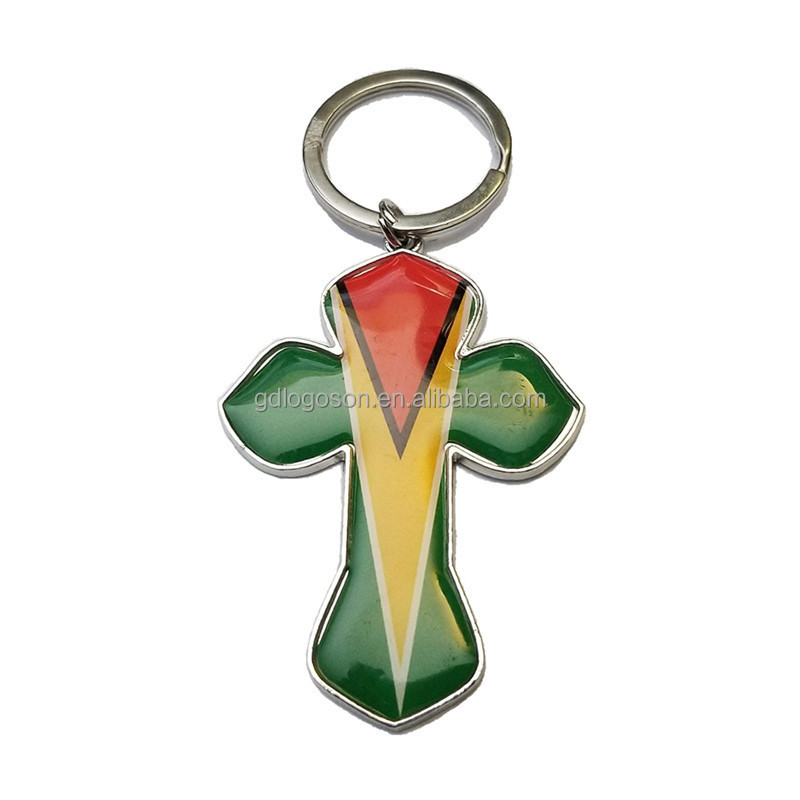 Metal Cuba Guyana Flag Crosses Key Chain Custom Country Souvenir Cuba Guyanese Flag Holy Cross Keychain