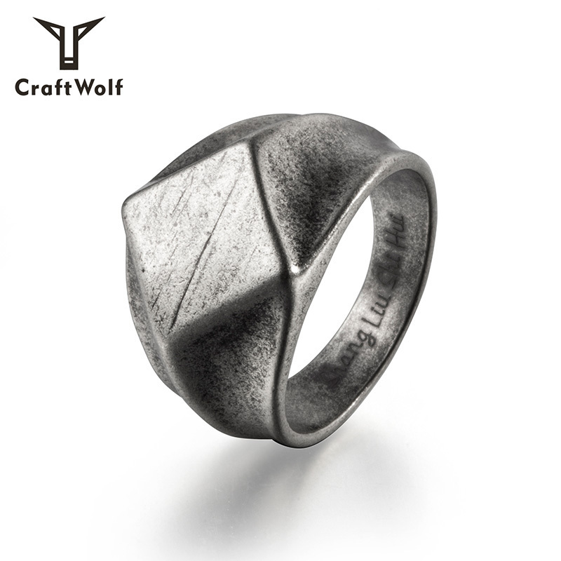 Craft Wolf custom logo fashion Jewelry gold silver titanium couple Square Antique Stainless Steel Ring for men women