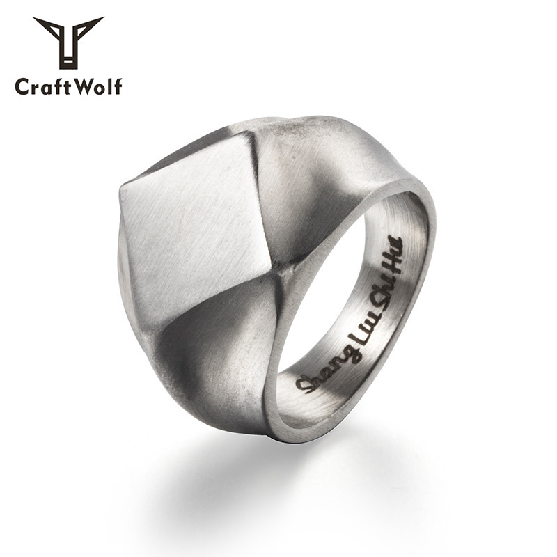 Craft Wolf custom logo fashion Jewelry gold silver titanium couple Square Antique Stainless Steel Ring for men women