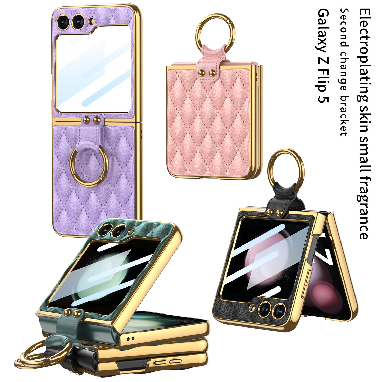 For Samsung Galaxy Z Flip 5 Phone Case For Samsung Flip4 3 Ring Phone Case Diamond Plaid Folding Phone Leather Case