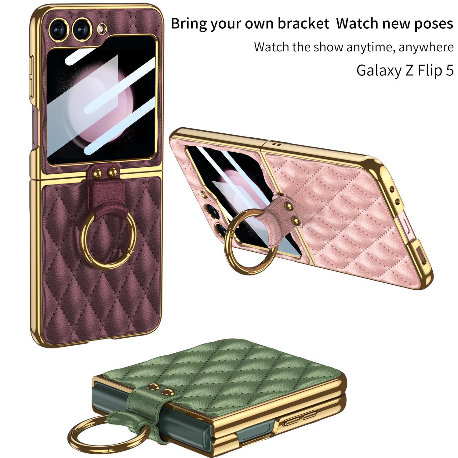 For Samsung Galaxy Z Flip 5 Phone Case For Samsung Flip4 3 Ring Phone Case Diamond Plaid Folding Phone Leather Case