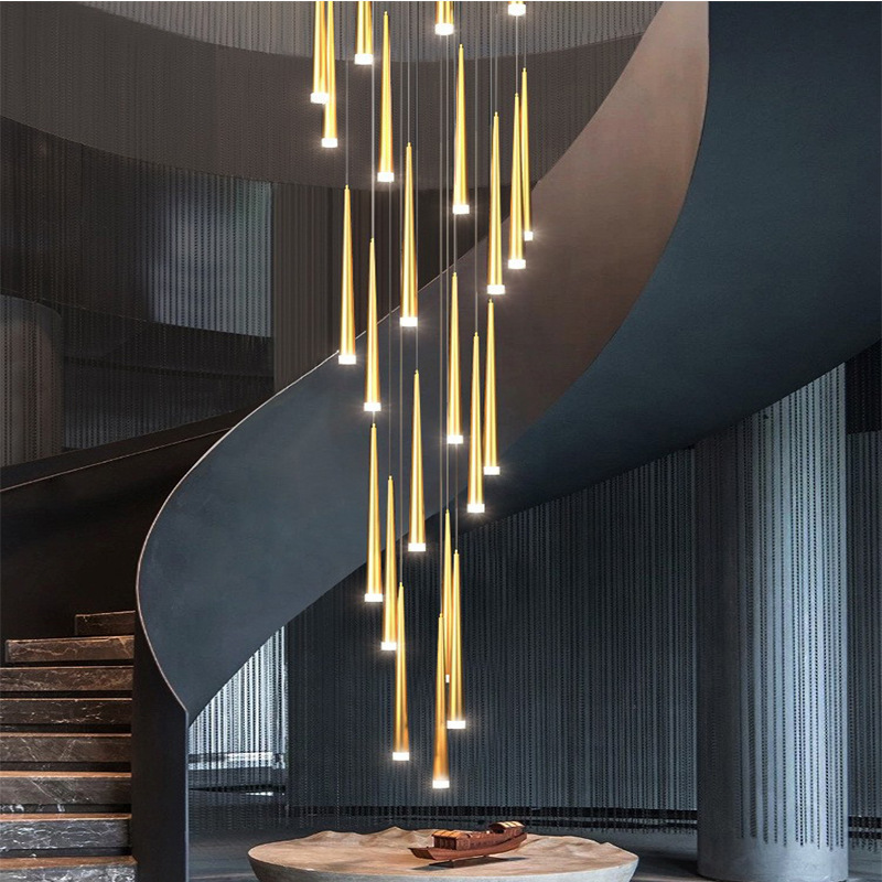 Custom hotel large gold long ceiling lights lighting staircase chandeliers pendant lights led luxury modern crystal chandeliers