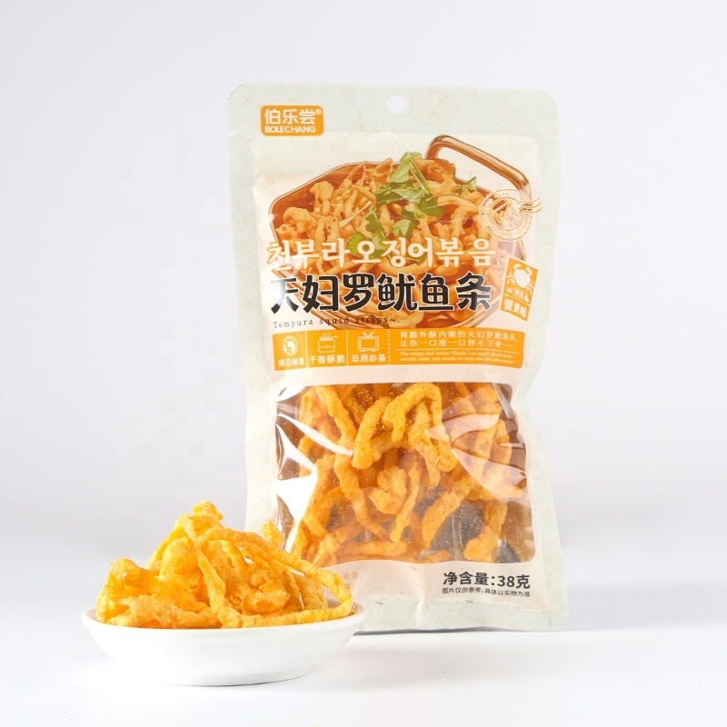 Wholesale delicious fried food flour squid snack Crab roe flavor Export Seasoned Bulk Dried Shredded Squid Flake Snack Chinese