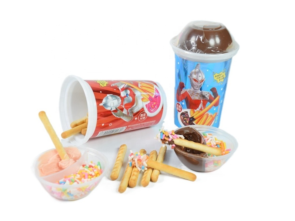 Factory Hot Sales Kids Confectionery Biscuits Stick Chocolate Cream Sweet Candy OEM Custom Cookies Wafer 3 IN 1 Snack Cup