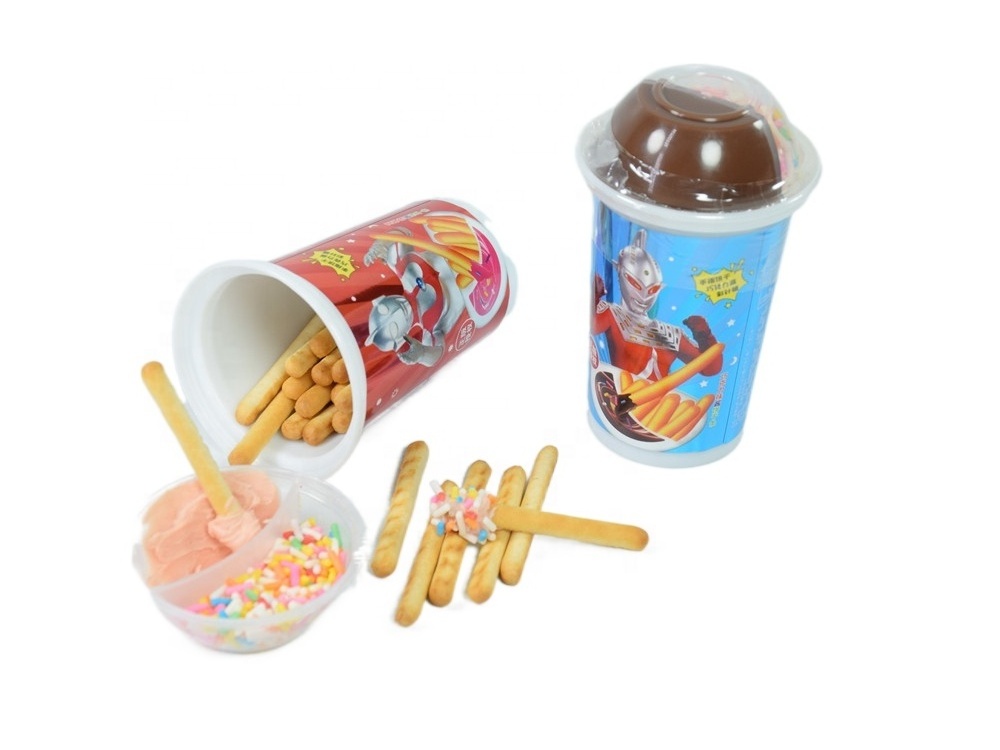 Factory Hot Sales Kids Confectionery Biscuits Stick Chocolate Cream Sweet Candy OEM Custom Cookies Wafer 3 IN 1 Snack Cup